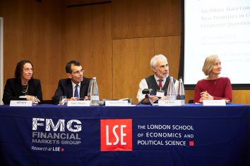 Panel of four speakers, 2 male, 2 female, at the FMG conference in honour of Sir Oliver Hart titled New Frontiers in Corporate Governance