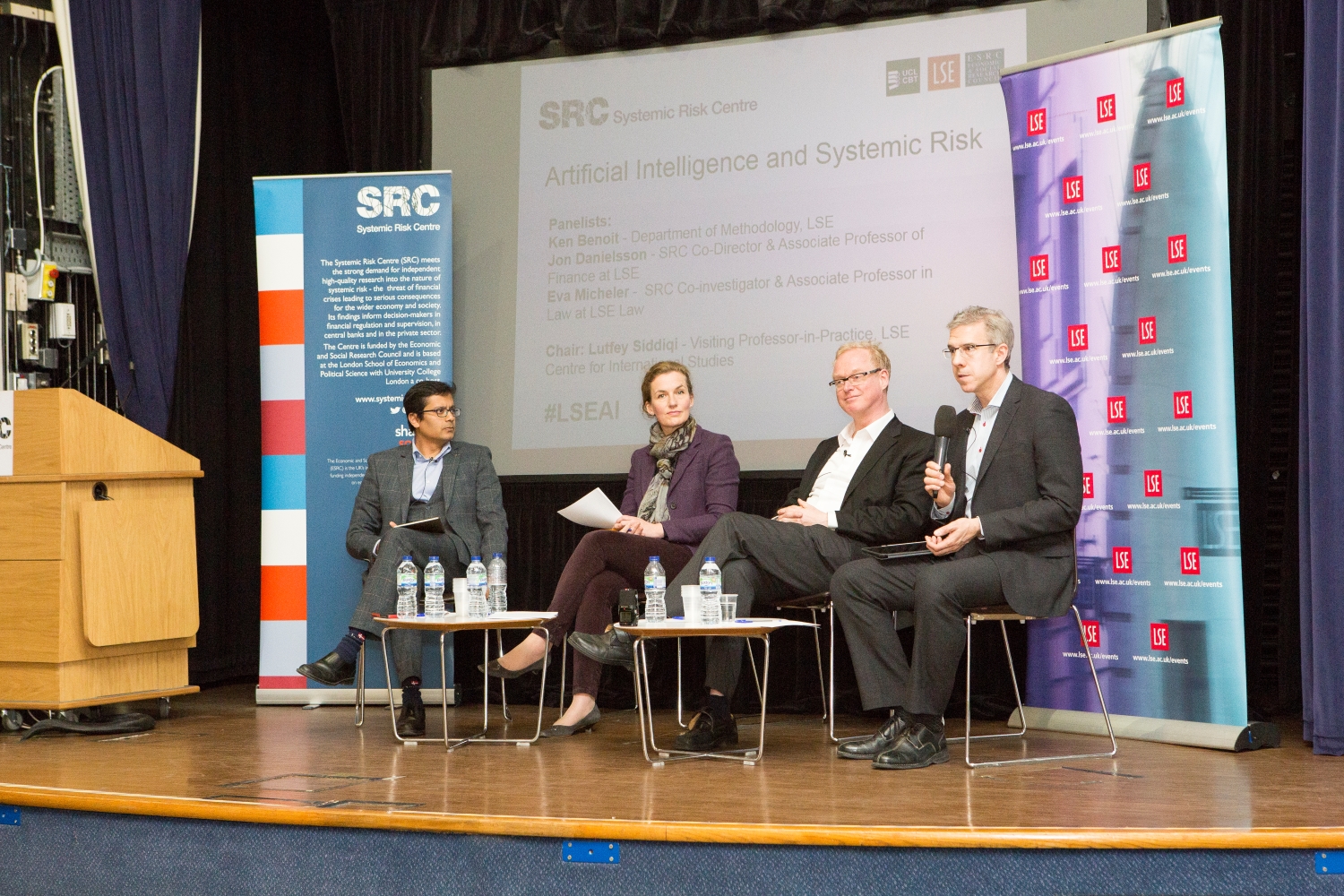 Panel of SRC event AI & systemic risk, from left to right Lutfey Siddiqi, Eva Micheler, Ken Benoit, Jon Danielsson