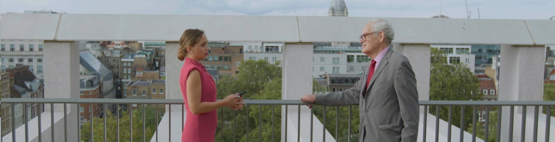 Charles Goodhart and Yulia Kulmatitskaya during interview for Private Talks, on Marshall Building's 8th floor terrace