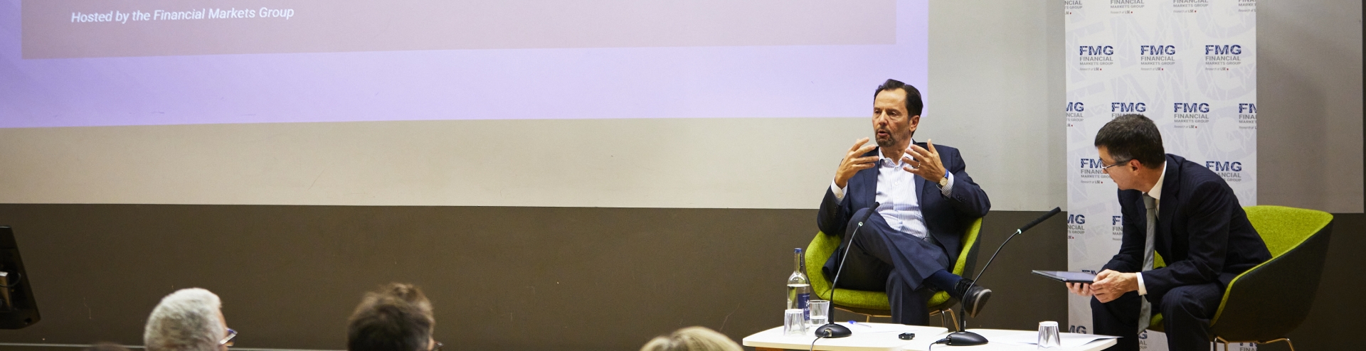 Image of lecture theatre from Inaugural Sir Oliver Hart lecture with Luigi Zingales as speaker and Dimitri Vayanos as chair