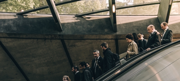 people going down escalator